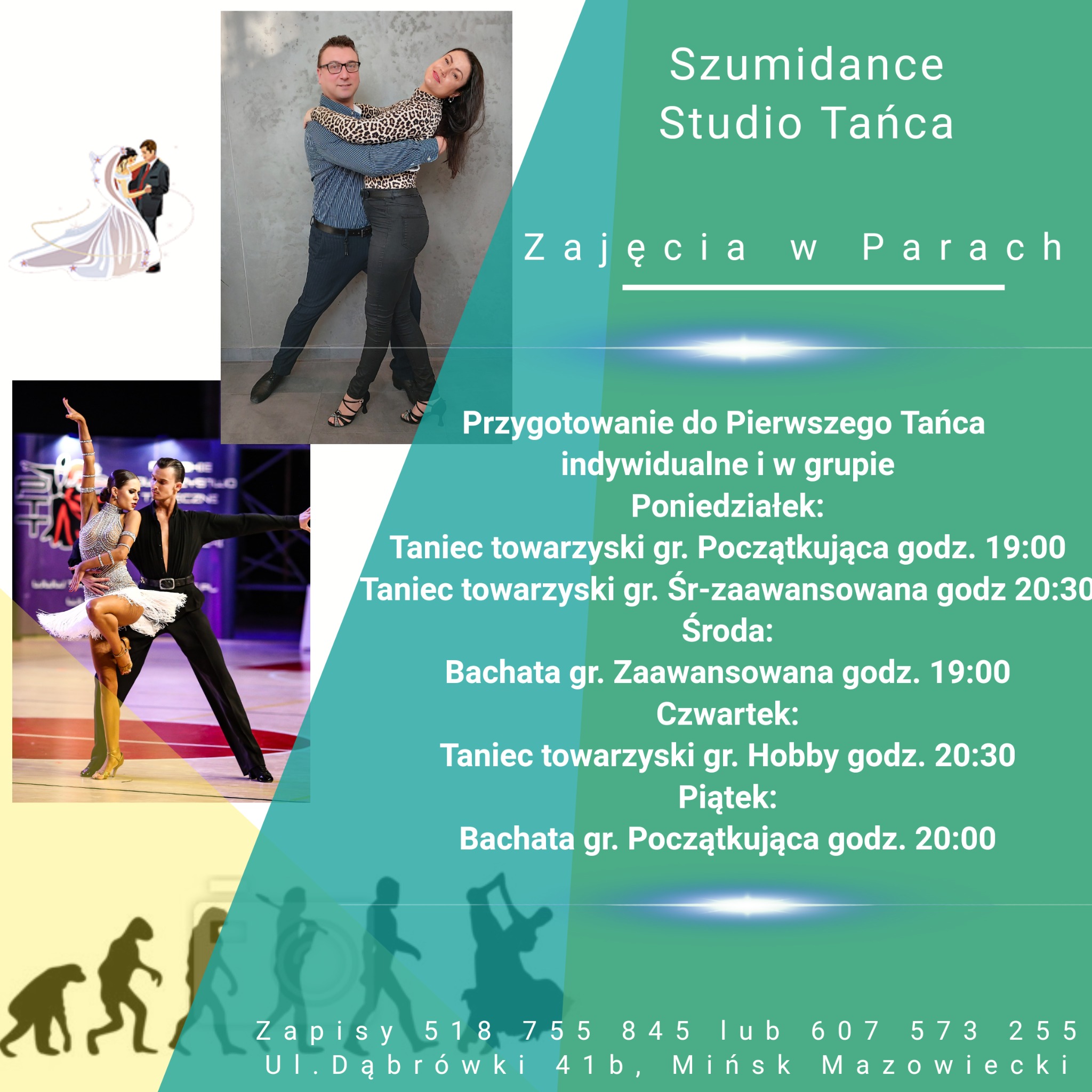 Plakat reklamowy studia, oferującego zajęcia taneczne dla par, przygotowanie do pierwszego tańca, taniec towarzyski i bachata, z harmonogramem zajęć i danymi kontaktowymi.