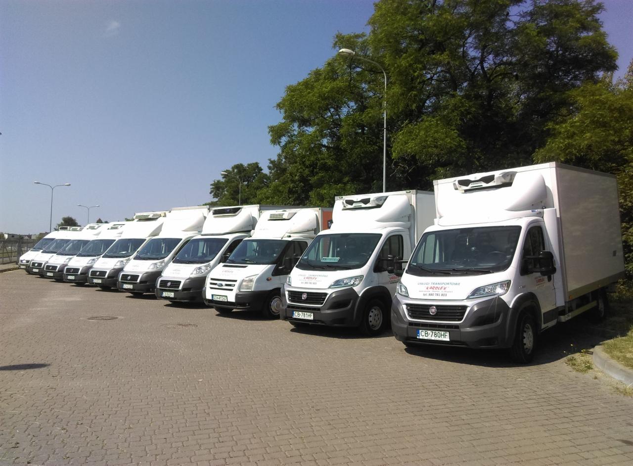 Flota białych samochodów dostawczych z chłodniami, ustawionych w rzędzie na parkingu, z widocznym logo firmy transportowej na boku.