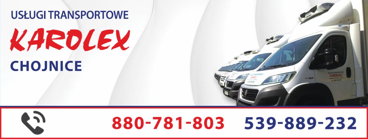 Flota białych samochodów dostawczych firmy transportowej Kardolex z Chojnic, z numerami telefonów kontaktowych.