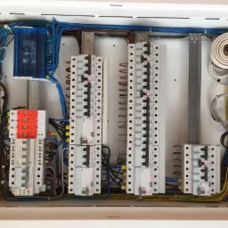 Otwarta skrzynka rozdzielcza z zainstalowanymi bezpiecznikami, przewodami w różnych kolorach i modułem przepięciowym, widoczne metalowe szyny montażowe.