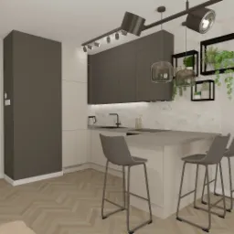 Wizualizacja nowoczesnej kuchni z wyspą, szarymi szafkami i hokerami, oświetleniem punktowym i dekoracjami roślinnymi w czarnych ramkach na ścianie.