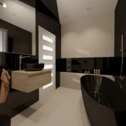 Czarno-biała łazienka z wolnostojącą czarną wanną, drewnianą szafką z umywalką w kształcie misy, oraz żaluzjami w oknie.