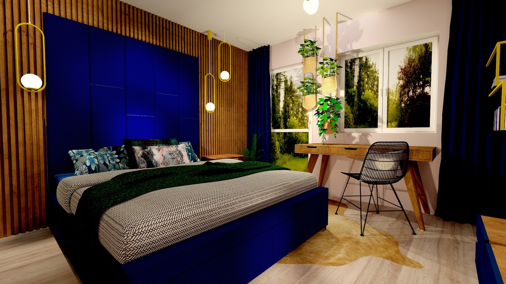 Sypialnia z łóżkiem w odcieniach granatu i drewna, dekoracyjna ściana z paneli, wiszące lampy kuliste i biurko z roślinami w plecionych doniczkach.