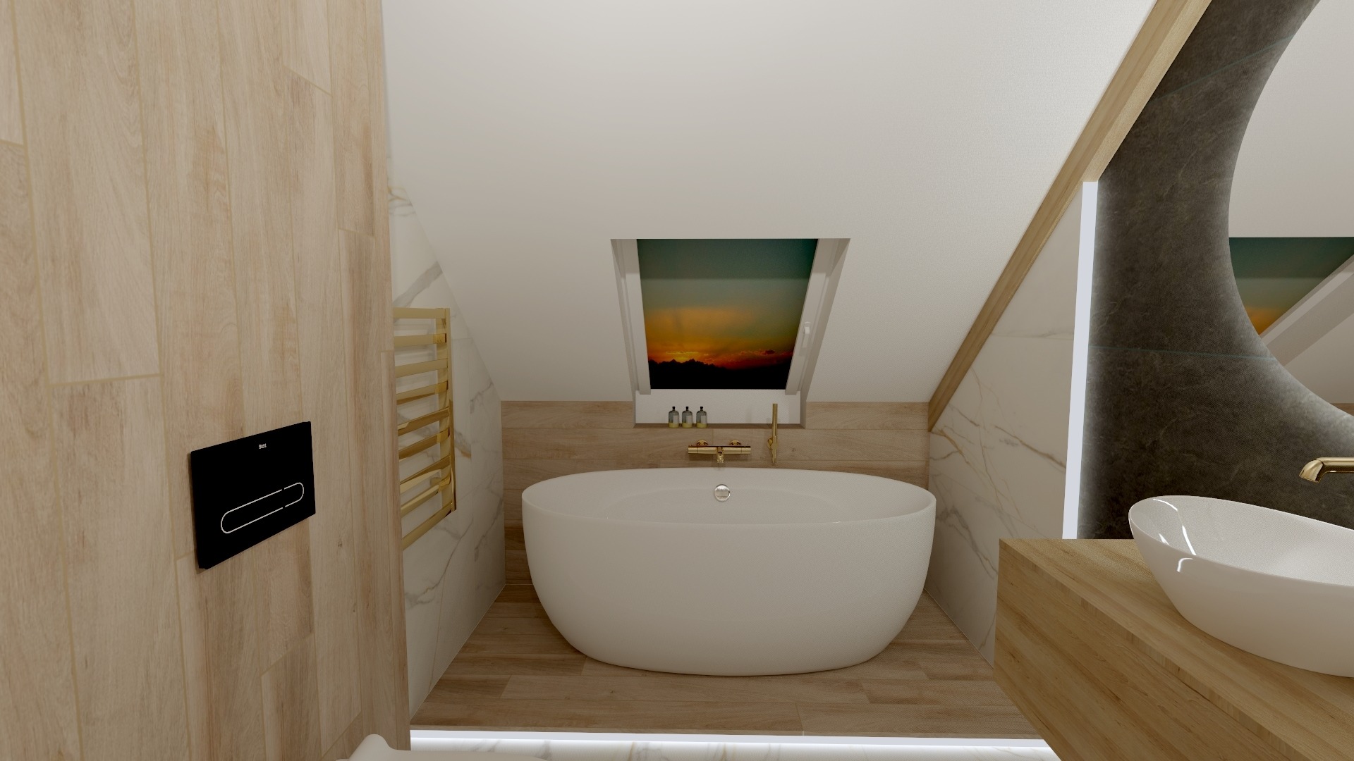 Wnętrze łazienki na poddaszu z owalną wanną wolnostojącą, umywalką nablatową i oknem dachowym z widokiem na zachód słońca.