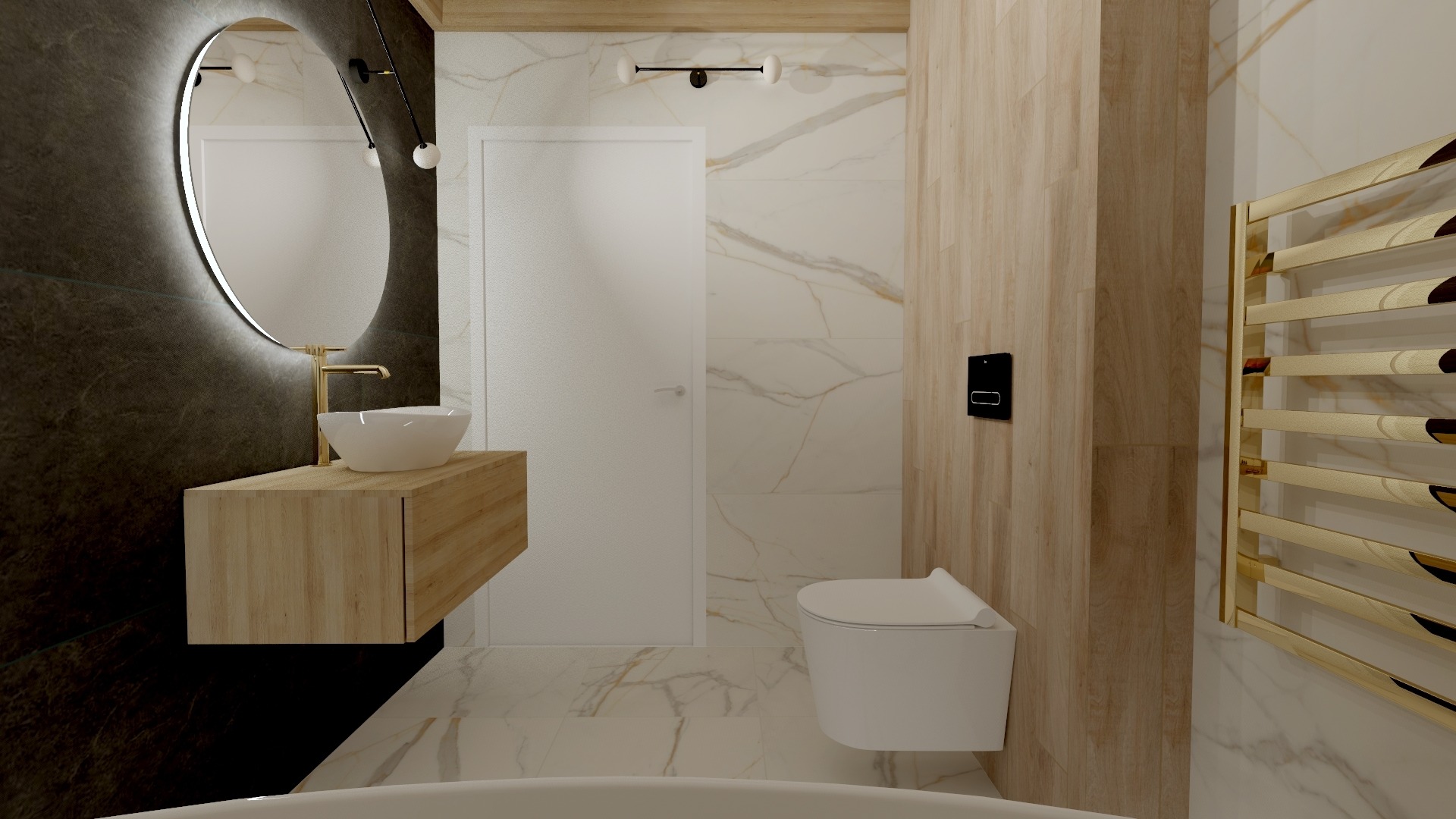 Nowoczesna łazienka z owalnym lustrem podświetlanym LED, umywalką nablatową na drewnianej szafce, wiszącą toaletą i grzejnikiem drabinkowym w złotej kolorystyce.