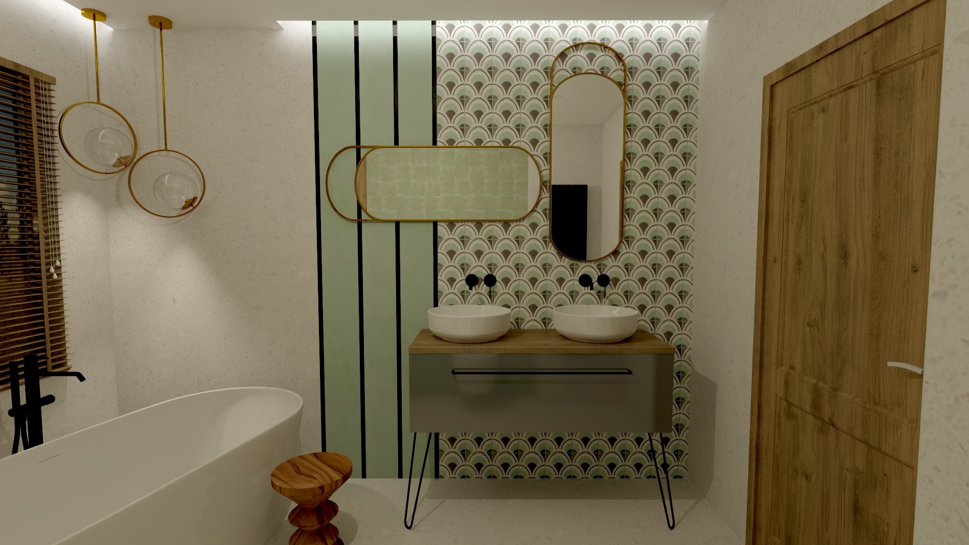Wizualizacja łazienki z dwoma umywalkami na szafce z szarym frontem i czarnymi nogami, owalne lustra z złotymi ramami, wzorzysta tapeta w odcieniach zieleni i brązu, wolnostojąca wanna...
