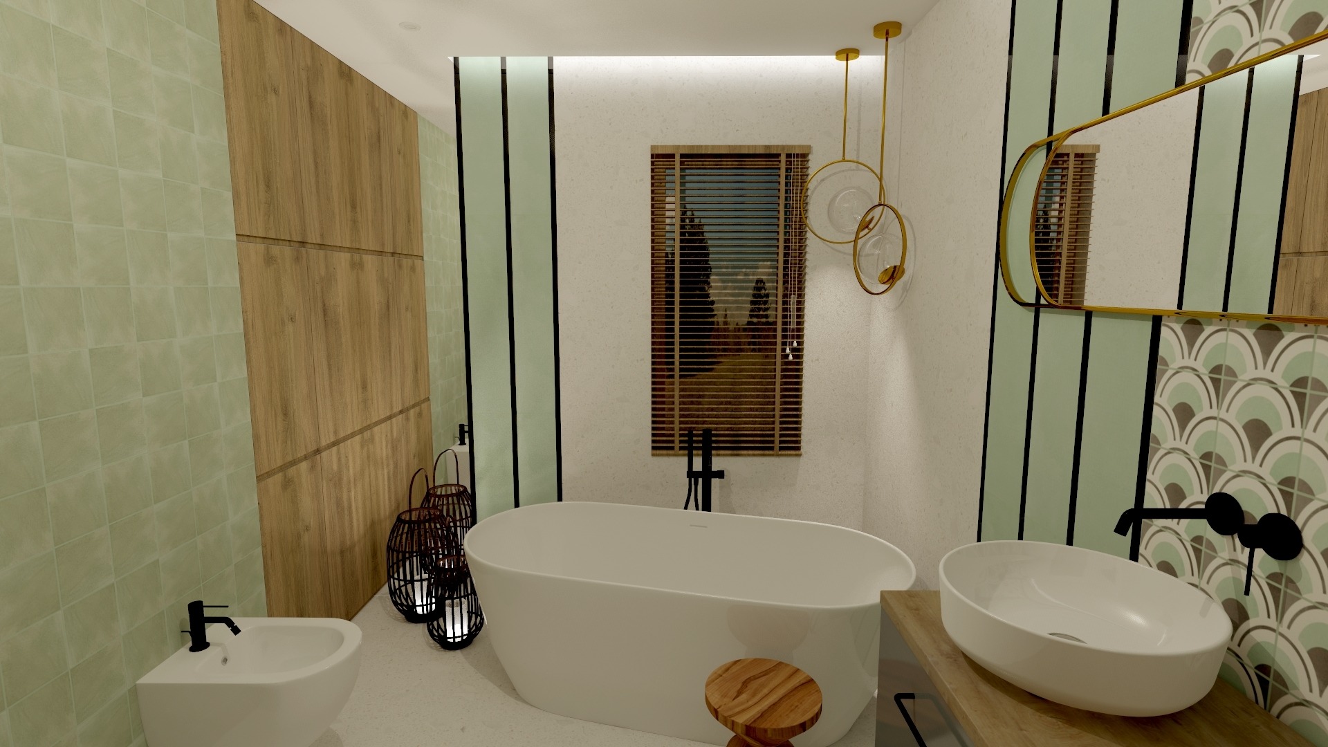 Nowoczesna łazienka z wolnostojącą wanną, umywalką nablatową na drewnianym blacie, toaletą typu bidet oraz dekoracyjnymi lampionami i lustrem w złotej ramie.