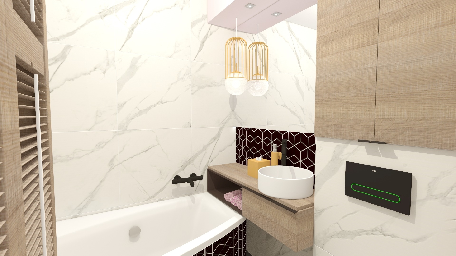 Wizualizacja łazienki z marmurowymi płytkami, białą wanną, umywalką nablatową, złotymi lampami wiszącymi i szafką z drewnopodobnym frontem.