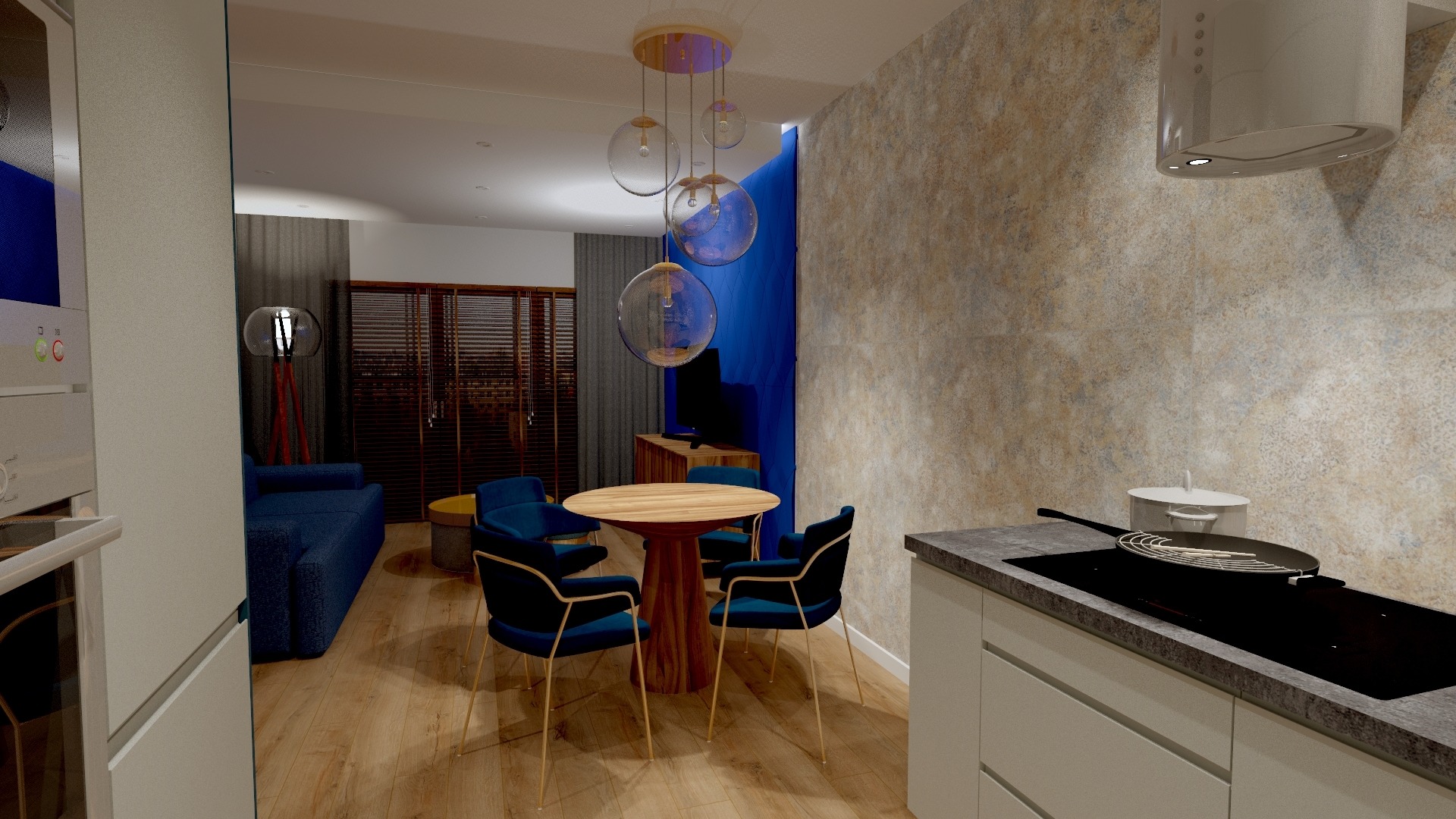 Wizualizacja wnętrza: salon z aneksem kuchennym, okrągły drewniany stół z krzesłami na złotych nogach, niebieska sofa i dekoracyjna niebieska ściana, zwisające szklane lampy, kuchnia z płytą...