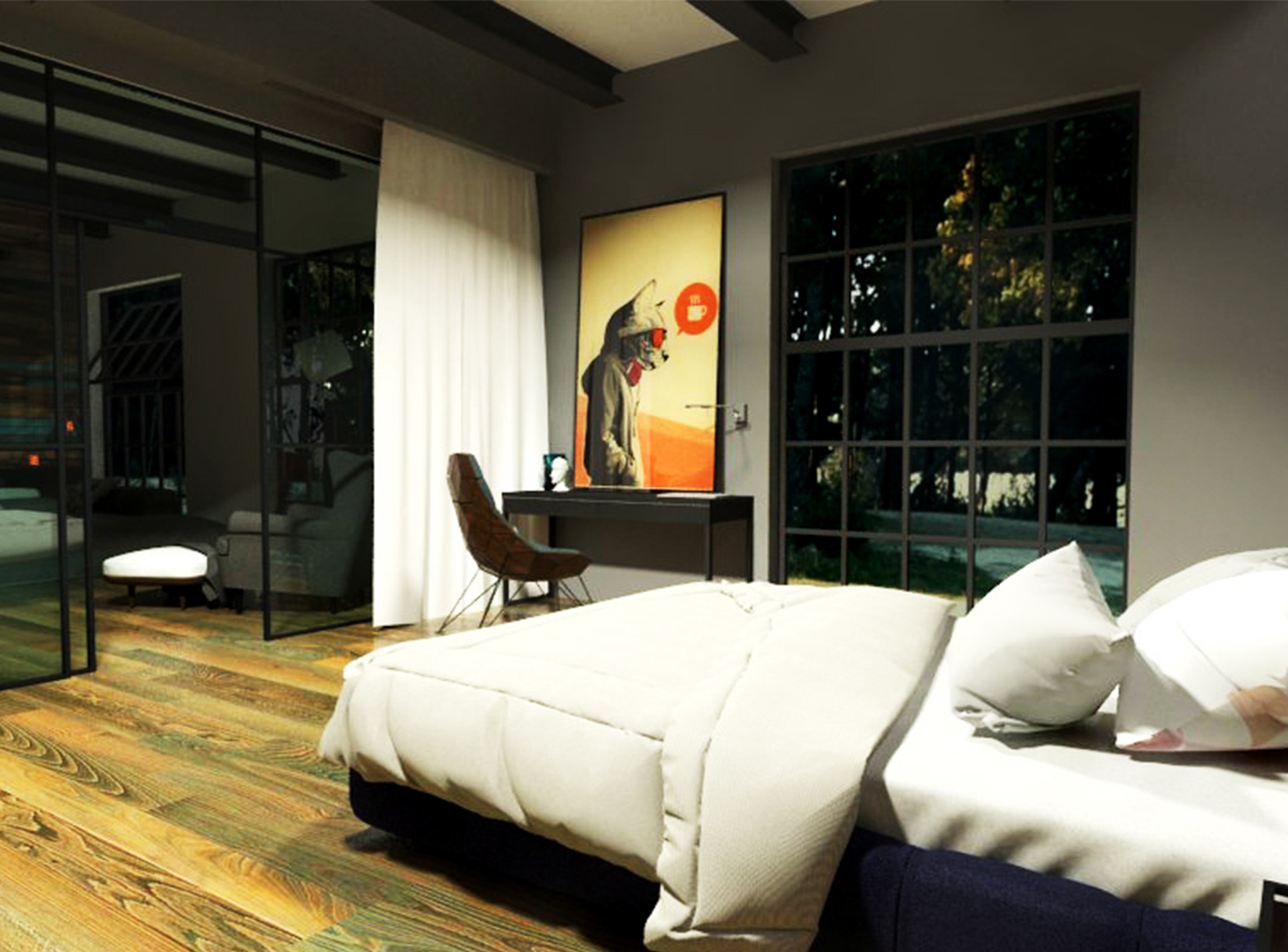 Sypialnia w stylu loft z drewnianą podłogą, dużym oknem z widokiem na zieleń, biurkiem z designerskim krzesłem oraz plakatem z motywem zwierzęcym w okularach.