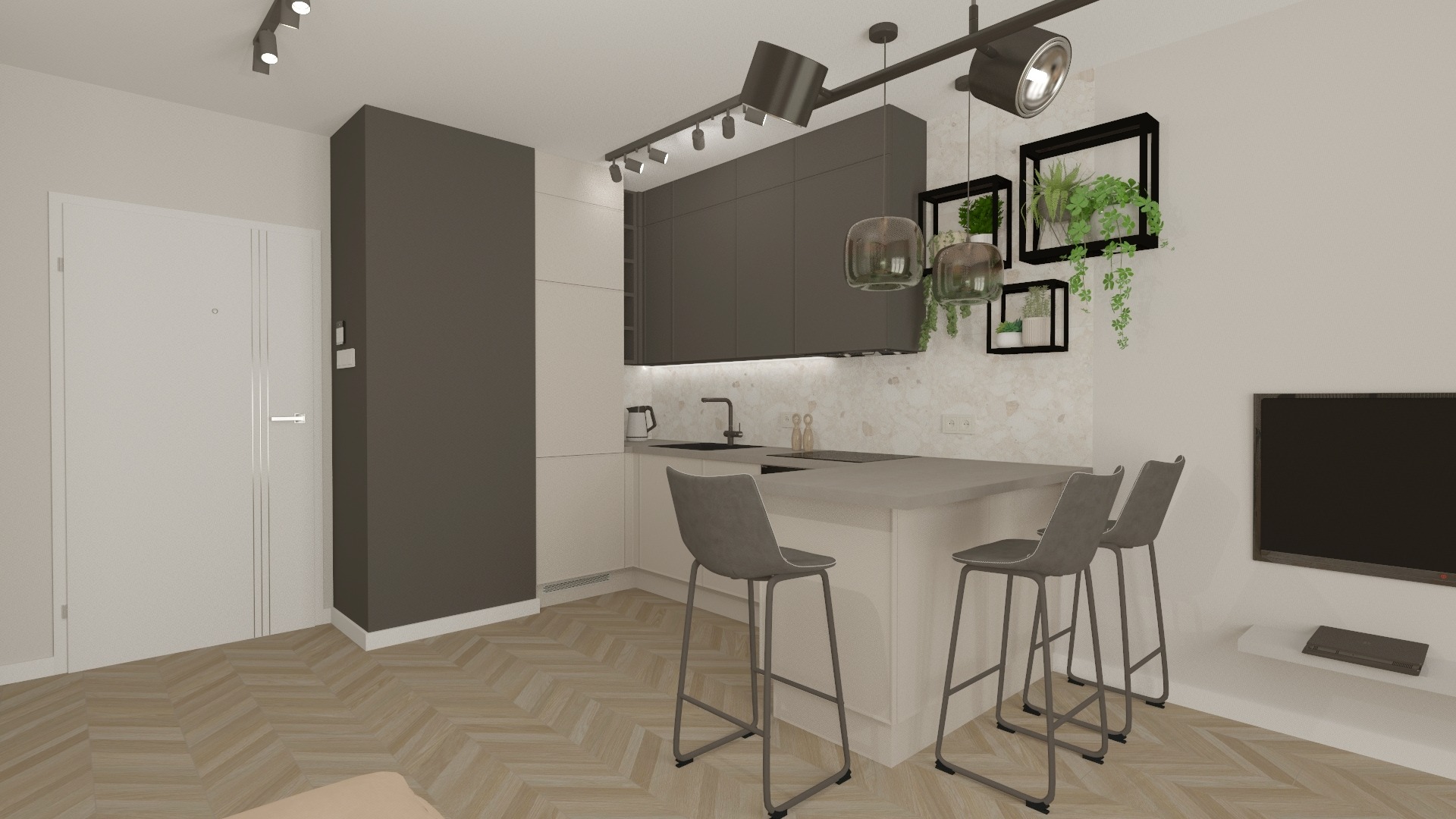 Wizualizacja nowoczesnej kuchni z wyspą, szarymi szafkami i hokerami, oświetleniem punktowym i dekoracjami roślinnymi w czarnych ramkach na ścianie.