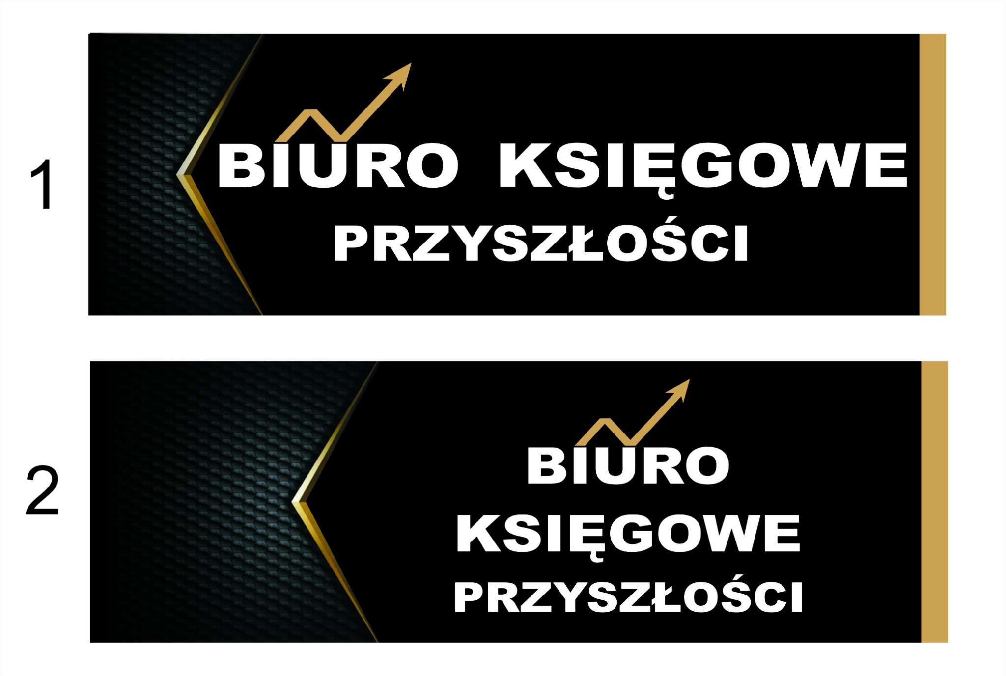 Dwie wersje graficzne logo: 'Biuro Księgowe Przyszłości' z symbolem strzałki w górę, na czarnym tle z elementami złota.