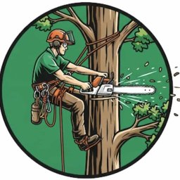 ALbor K.Rydzik - Ilustracja: Arborysta w kasku i uprzęży tnie drzewo piłą łańcuchową, w tle zielone koło. Wióry lecą spod piły.