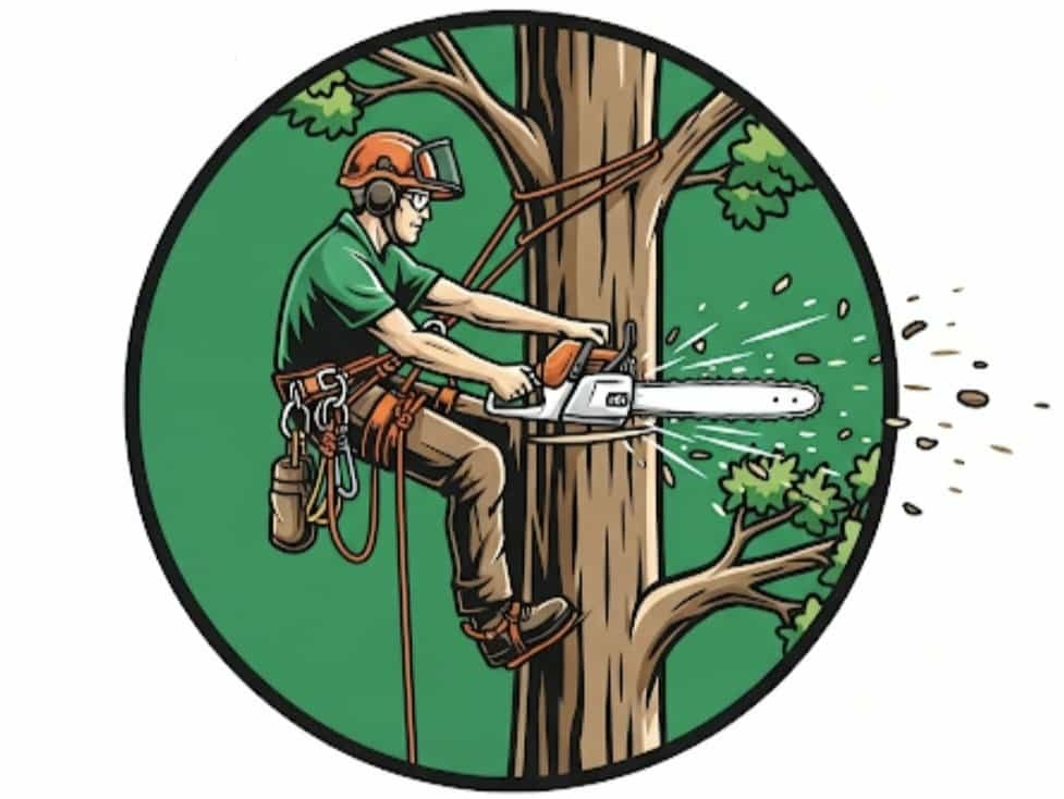 Ilustracja: Arborysta w kasku i uprzęży tnie drzewo piłą łańcuchową, w tle zielone koło. Wióry lecą spod piły.