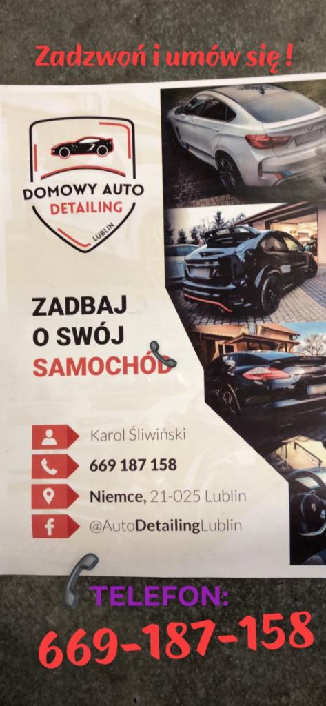 Ulotka reklamowa Domowy Auto Detailing Lublin z trzema zdjęciami samochodów po detailingu, logo firmy i danymi kontaktowymi.