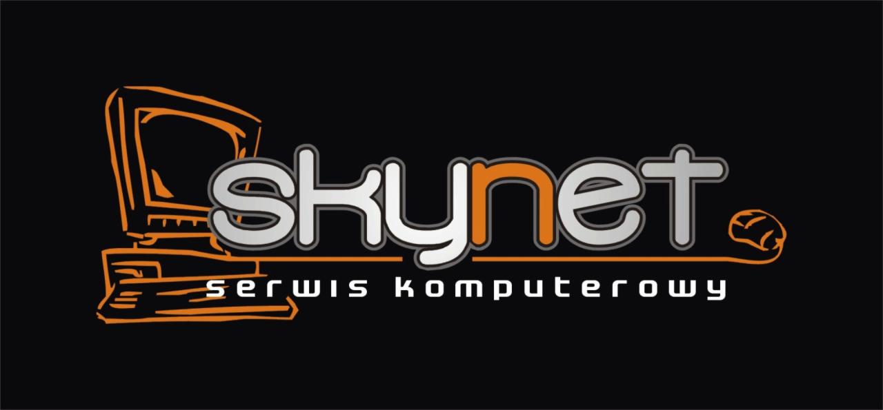 Logo firmy Skynet, przedstawiające stylizowany komputer w kolorze pomarańczowym oraz nazwę firmy i dopisek 'serwis komputerowy' w kolorze białym na czarnym tle.
