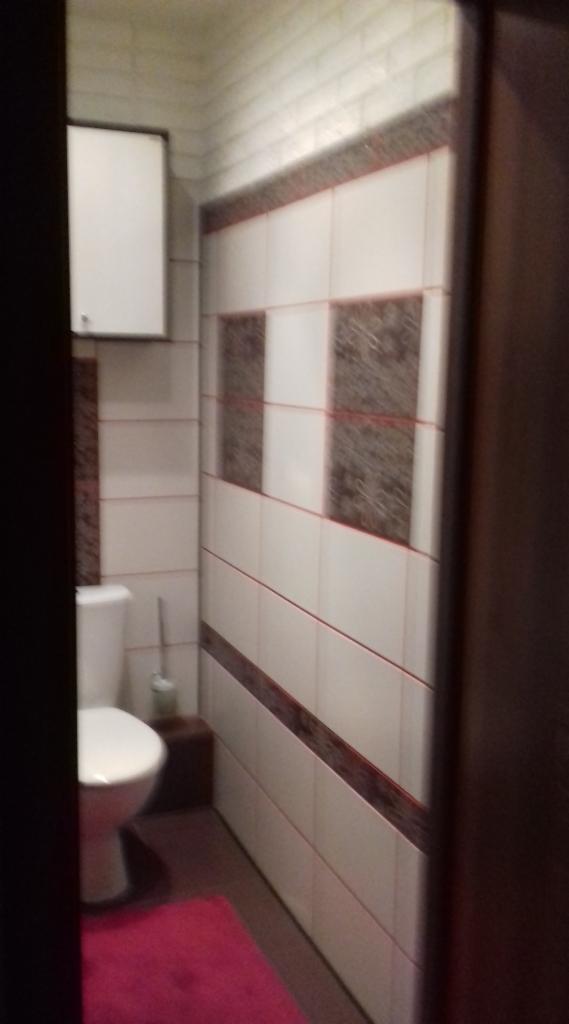 Wnętrze małej łazienki po remoncie: białe i brązowe płytki z cienkimi czerwonymi liniami, toaleta z białą szafką nad nią, różowy dywanik na podłodze.