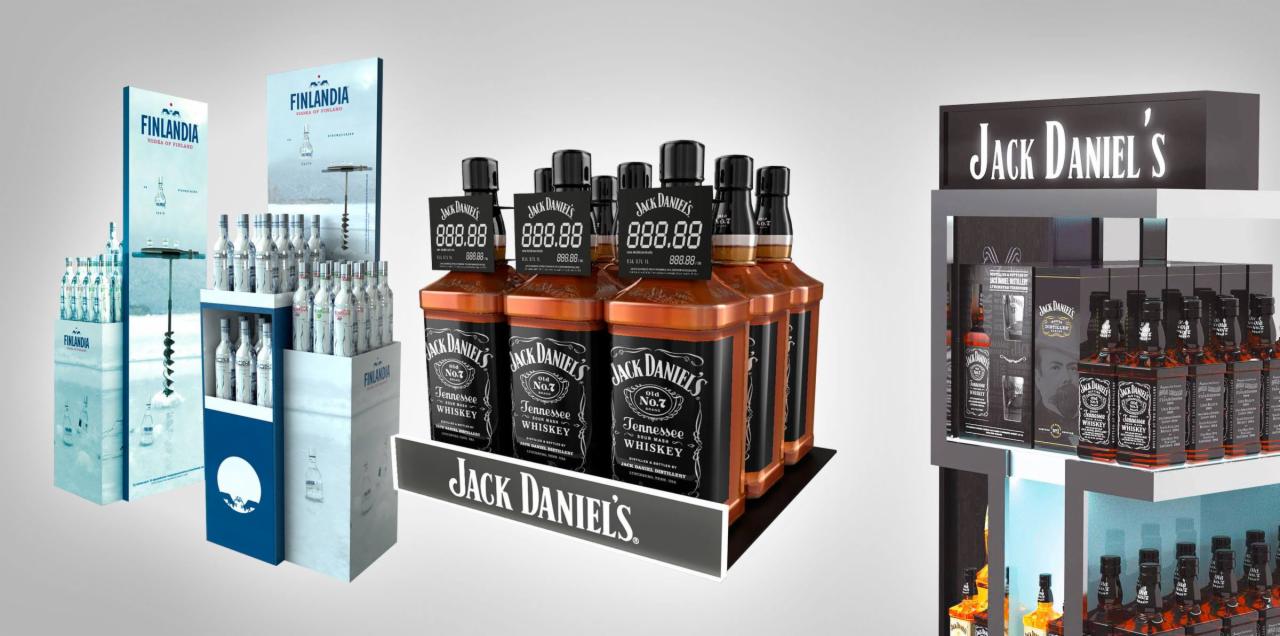 Wizualizacja stoisk reklamowych z alkoholem: Finlandia i Jack Daniel's, prezentujących produkty w sklepie.