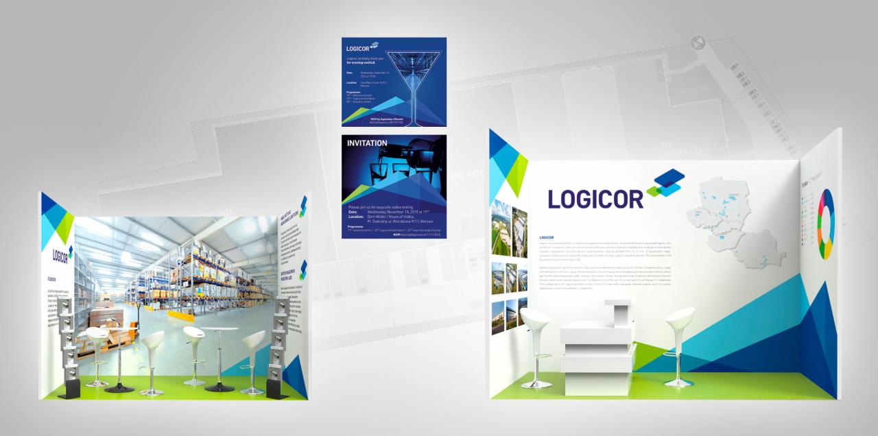 Projekt stoiska targowego firmy LogiCor z wizualizacjami magazynu, zaproszeń i danych firmy.