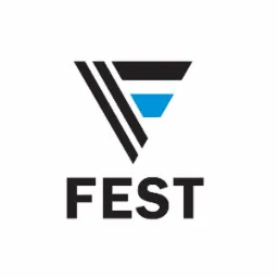Logo firmy FEST: Stylizowana litera F w formie trójkąta z niebieskim elementem, czarny napis FEST pod spodem.