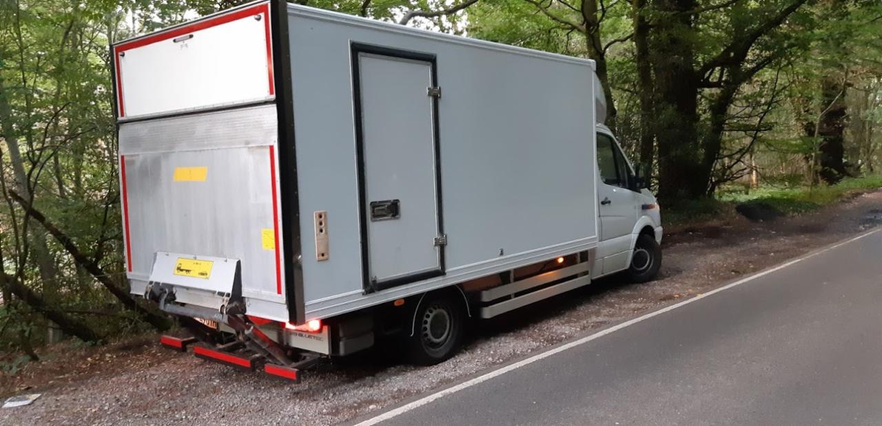 Szary samochód dostawczy z windą załadowczą zaparkowany na poboczu drogi w lesie.