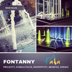 Kompozycja zdjęć przedstawiająca fontanny: zbliżenie strumienia wody w słoneczny dzień, nowoczesna fontanna z zielonym podświetleniem nocą oraz logo firmy oferującej projekty, konsultacje...