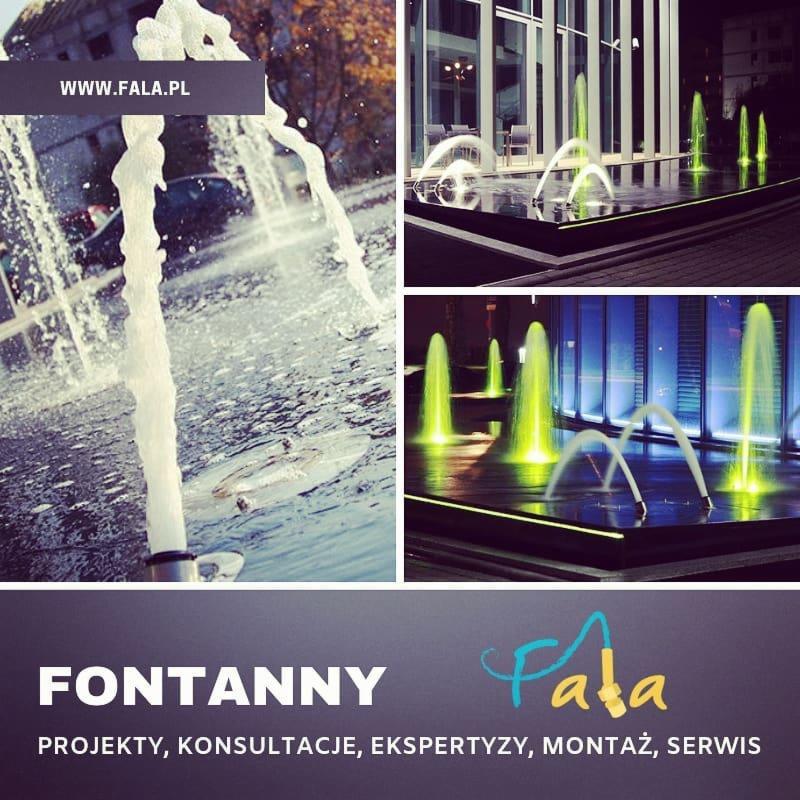 Kompozycja zdjęć przedstawiająca fontanny: zbliżenie strumienia wody w słoneczny dzień, nowoczesna fontanna z zielonym podświetleniem nocą oraz logo firmy oferującej projekty, konsultacje...