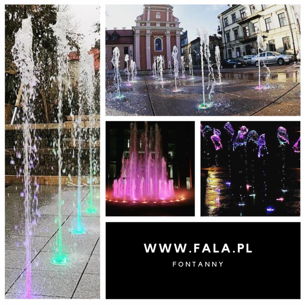 Kompozycja zdjęć przedstawiająca różnorodne fontanny z kolorowym podświetleniem, w tym fontannę miejską z budynkiem w tle oraz nocne ujęcia z intensywnym, fioletowym oświetleniem. Na dole widoczny...