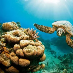 Żółw morski płynie obok koralowców w przejrzystej, błękitnej wodzie oceanu, z promieniami słonecznymi przenikającymi powierzchnię.