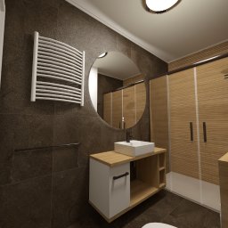 Decor Studiosanok - Wizualizacja brązowej łazienki z okrągłym lustrem, grzejnikiem drabinkowym, białą umywalką na szafce z drewnianym blatem i przesuwanymi drzwiami prysznicowymi z poziomymi panelami.