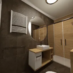 Wizualizacja brązowej łazienki z okrągłym lustrem, grzejnikiem drabinkowym, białą umywalką na szafce z drewnianym blatem i przesuwanymi drzwiami prysznicowymi z poziomymi panelami.