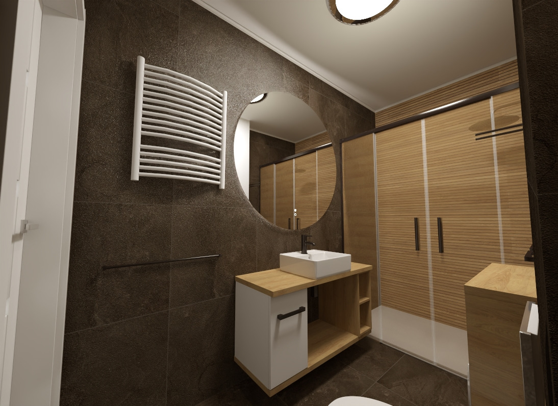 Wizualizacja brązowej łazienki z okrągłym lustrem, grzejnikiem drabinkowym, białą umywalką na szafce z drewnianym blatem i przesuwanymi drzwiami prysznicowymi z poziomymi panelami.