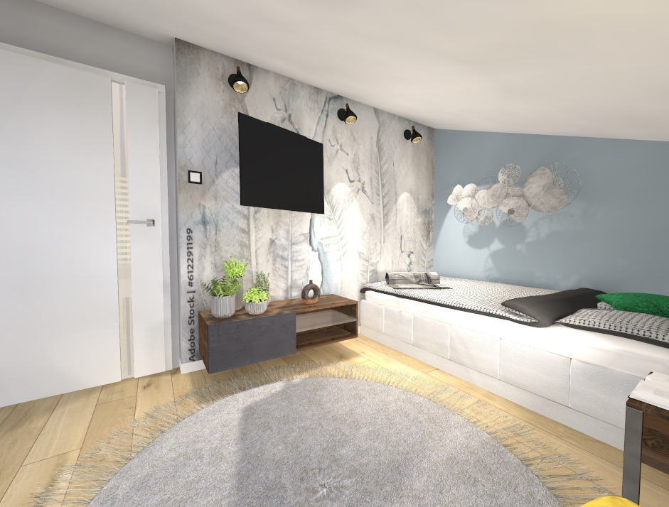 Nowoczesna sypialnia z łóżkiem na podeście, okrągłym dywanem i ścianą akcentową z telewizorem.