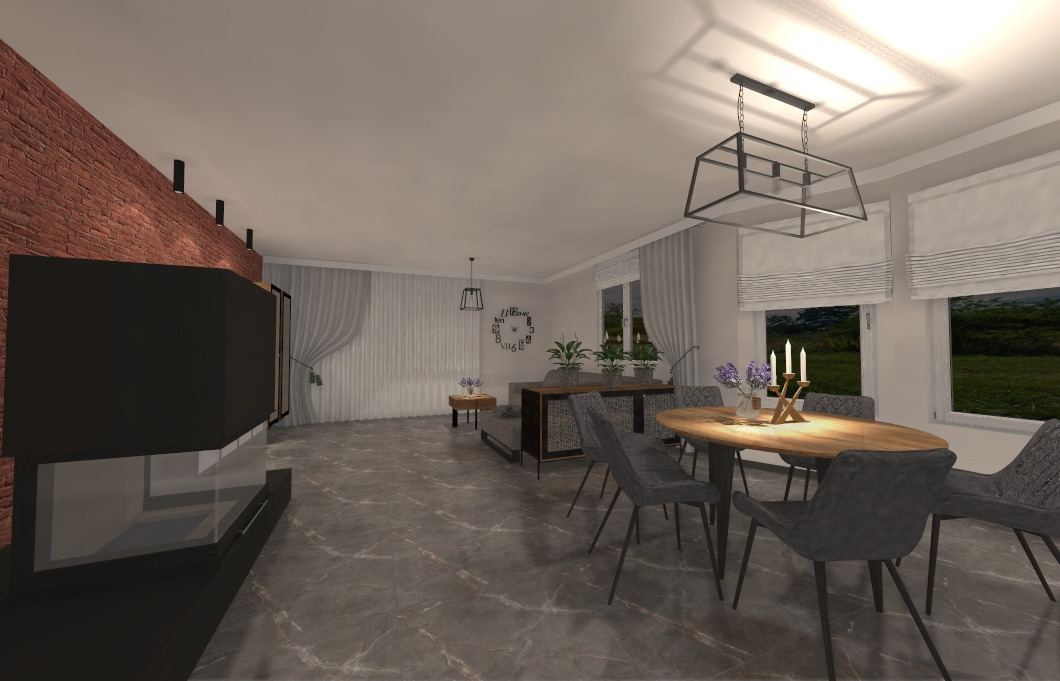 Przestronny salon z ceglaną ścianą, nowoczesnym kominkiem, marmurową podłogą i drewnianym stołem jadalnym z szarymi krzesłami, oświetlony wiszącą lampą w stylu industrialnym.