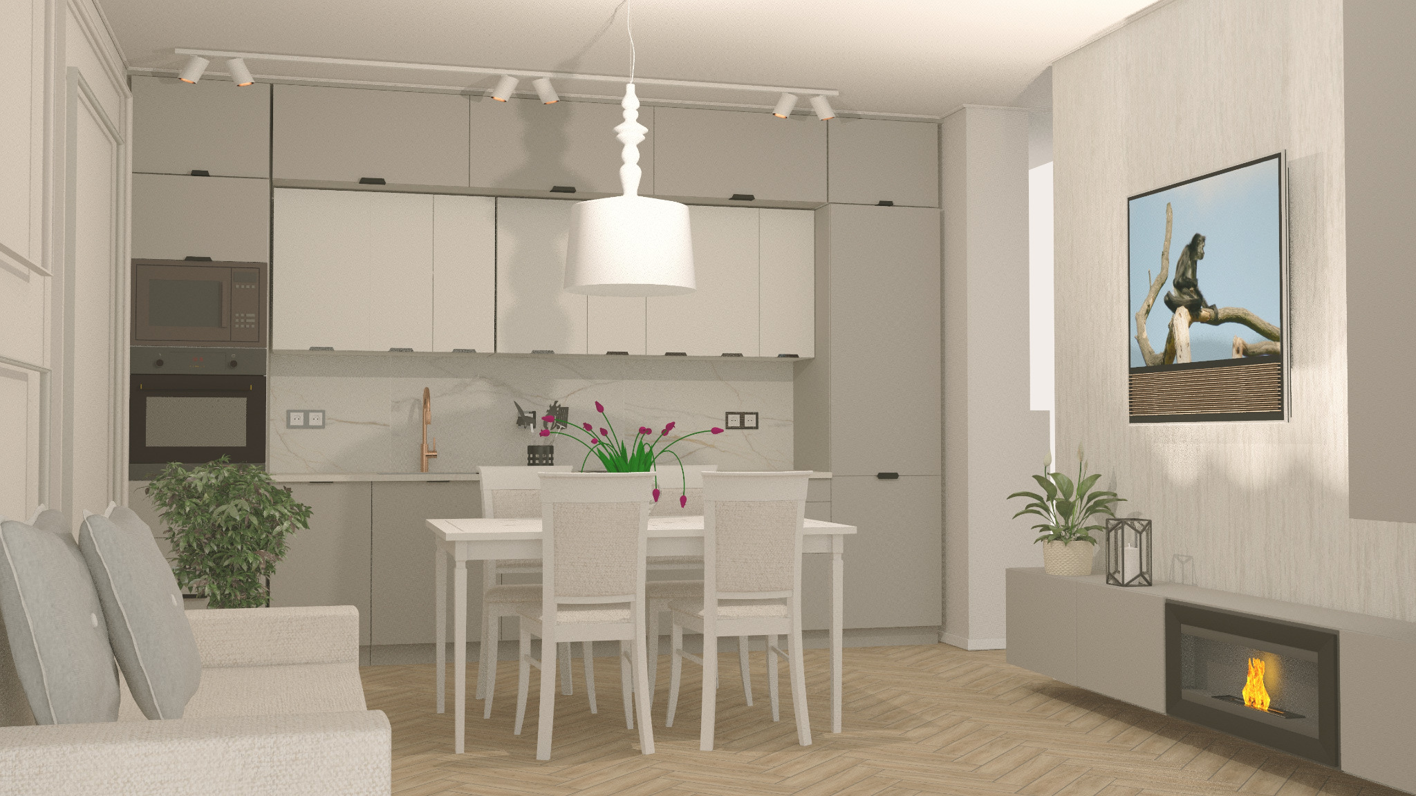 Wizualizacja jasnej kuchni z jadalnią, biały stół z krzesłami, kwiaty w wazonie, minimalistyczna zabudowa kuchenna, telewizor z obrazem małpy na ścianie, dekoracyjny kominek elektryczny. Parkiet...