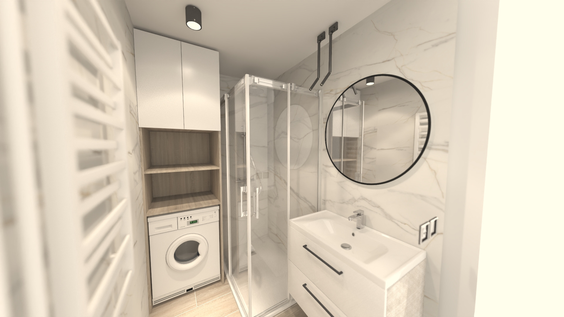 Nowoczesna łazienka z kabiną prysznicową, pralką ukrytą w zabudowie, okrągłym lustrem i marmurowymi płytkami na ścianach.