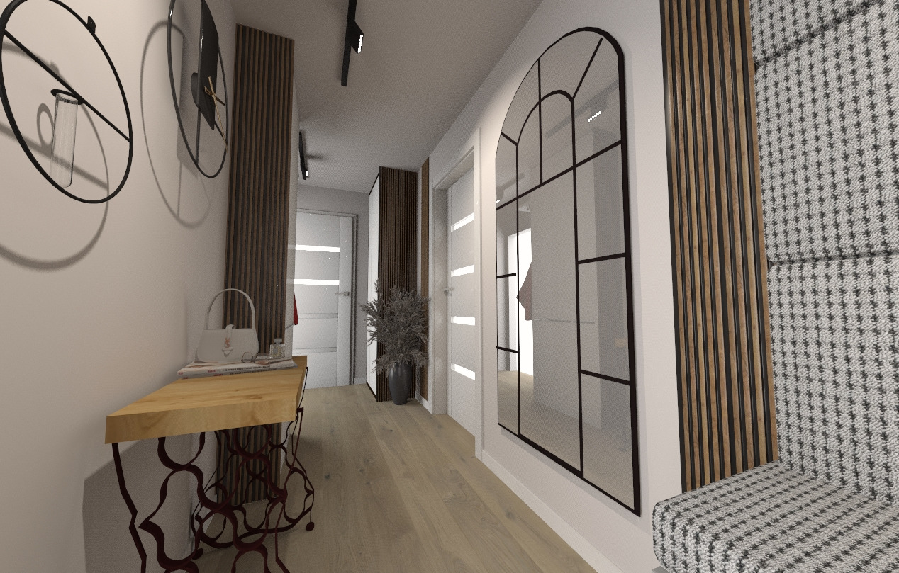 Wizualizacja przedpokoju z drewnianymi panelami ściennymi, lustrem w czarnej ramie w kształcie łuku, konsolą z blatem z jasnego drewna i metalową podstawą, oraz dekoracjami ściennymi w postaci...