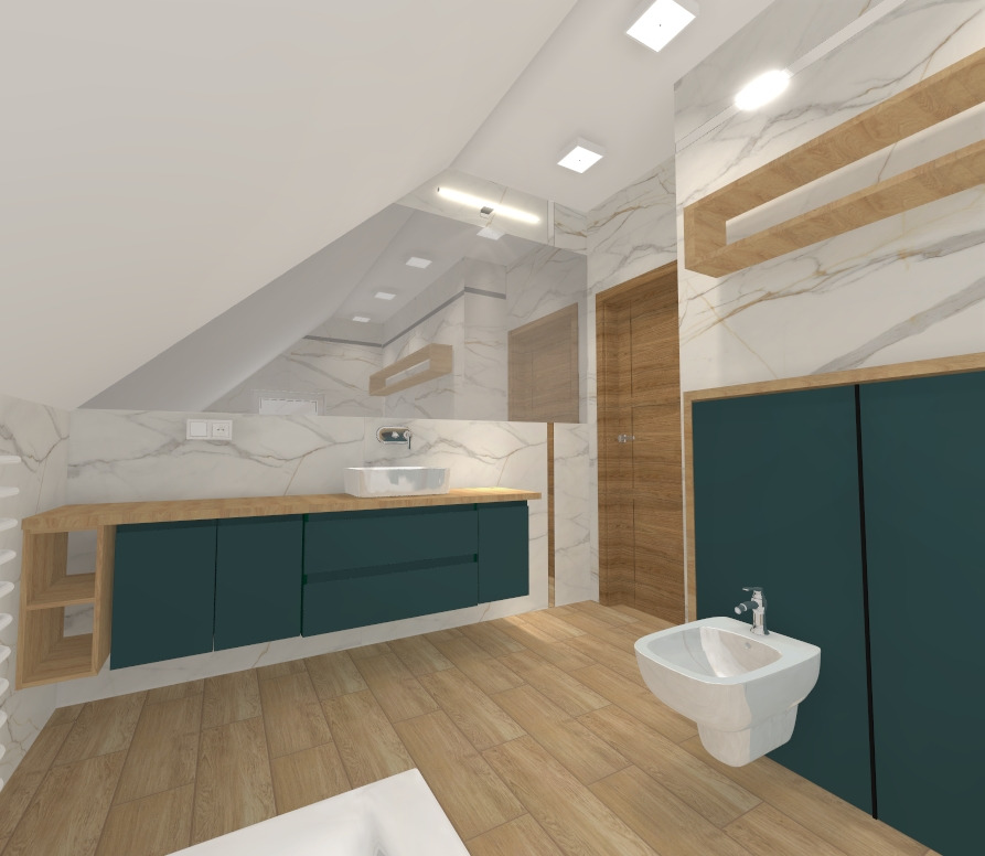 Wizualizacja łazienki na poddaszu: biała umywalka nablatowa i bidet na tle marmurowych ścian, drewnopodobnej podłogi i szafek w kolorze butelkowej zieleni.