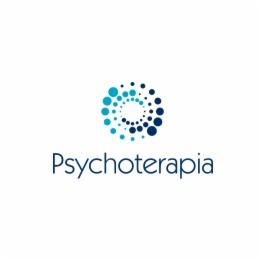 Niebieskie logo z okręgiem z kropek o różnej wielkości i napisem Psychoterapia poniżej.