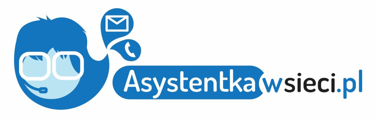 Niebieskie logo przedstawiające uproszczoną postać z zestawem słuchawkowym, ikonę wiadomości i słuchawki telefonicznej, obok napisu 'AsystentkaWsieci.pl'.