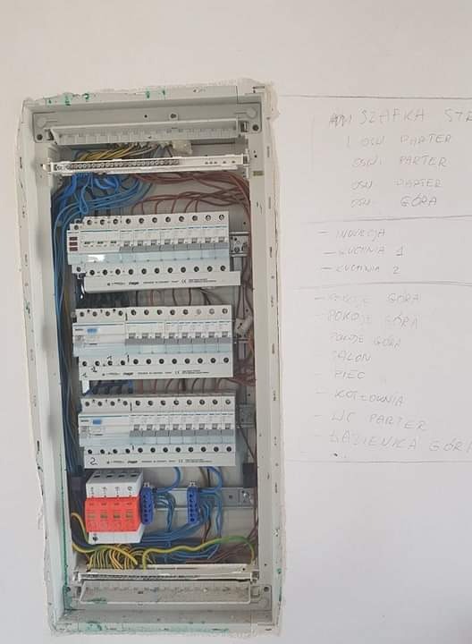 Rozdzielnica elektryczna w obudowie, z widocznymi bezpiecznikami, przewodami i listwą zaciskową, obok ściana z notatkami odręcznymi dotyczącymi obwodów elektrycznych.
