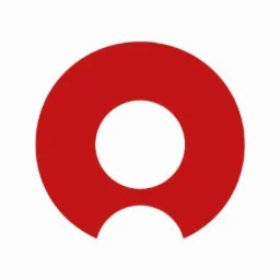 Czerwone logo w kształcie litery 'O' z wyciętym białym kołem w środku i półokrągłym wycięciem u dołu.