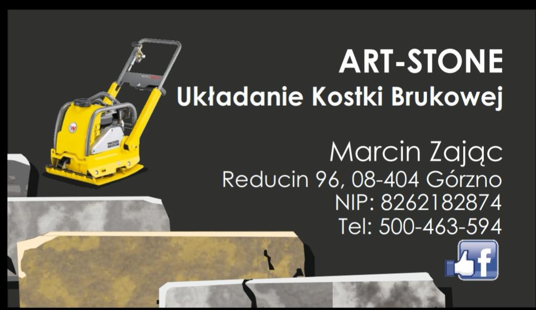 Grafika reklamowa firmy Art-Stone z żółtą zagęszczarką Wacker Neuson, informacją o układaniu kostki brukowej, adresem i numerem telefonu.