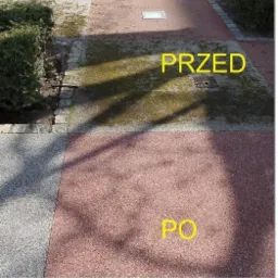 Porównanie stanu kostki brukowej przed i po czyszczeniu, widoczne różnice w kolorze i czystości.