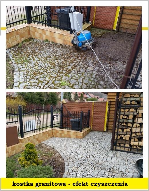 Dwuczęściowe zdjęcie przedstawia kostkę brukową przed i po czyszczeniu. Górna część ukazuje mokrą, brudną kostkę z mchem, czyszczoną maszyną. Dolna część pokazuje czystą, suchą kostkę brukową...