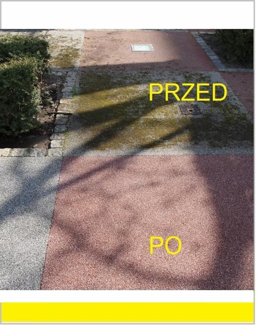 Porównanie stanu kostki brukowej przed i po czyszczeniu, widoczne różnice w kolorze i czystości.