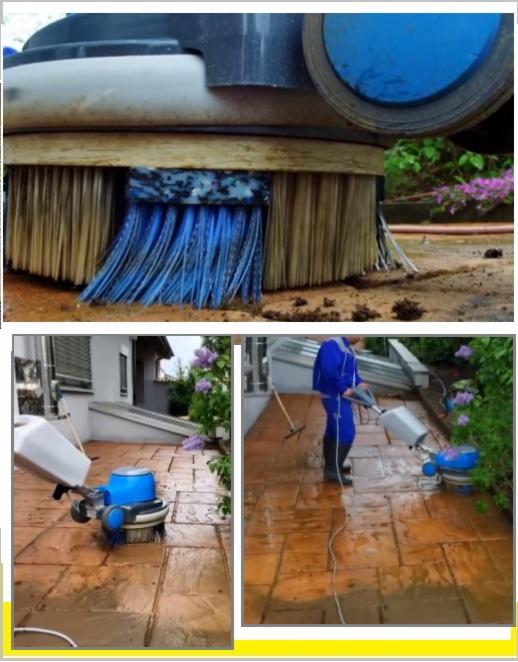 Profesjonalne czyszczenie kostki brukowej za pomocą maszyny z obrotowymi szczotkami i pojemnikiem na wodę, widok z bliska na szczotki i z dalszej perspektywy na operatora w kombinezonie ochronnym.