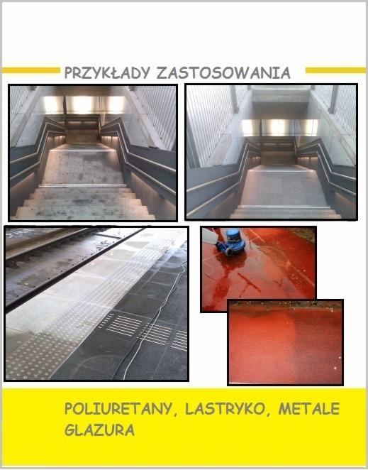 Kompozycja zdjęć przedstawiająca czyszczenie schodów w przejściu podziemnym, mycie podłogi z wypustkami dla niewidomych oraz czyszczenie czerwonej, błyszczącej posadzki za pomocą maszyny polerskiej.