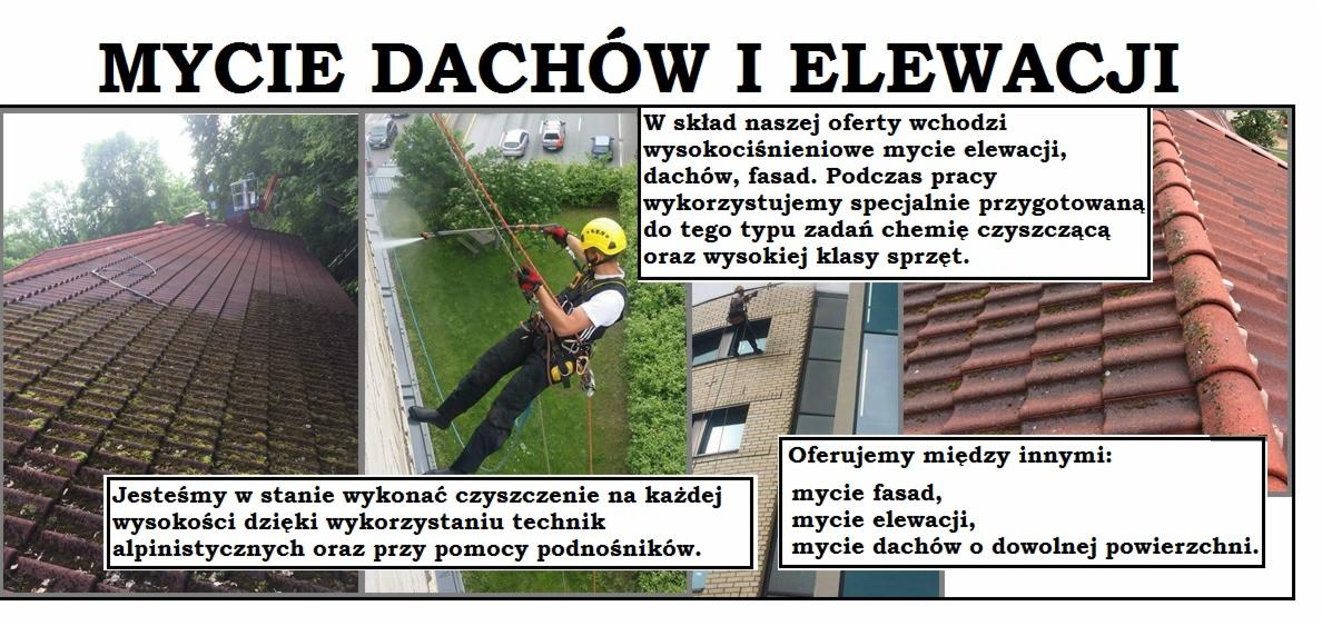 Czyszczenie elewacji budynku i dachu z wykorzystaniem technik alpinistycznych, widoczny pracownik w uprzęży podczas mycia ściany pod ciśnieniem.