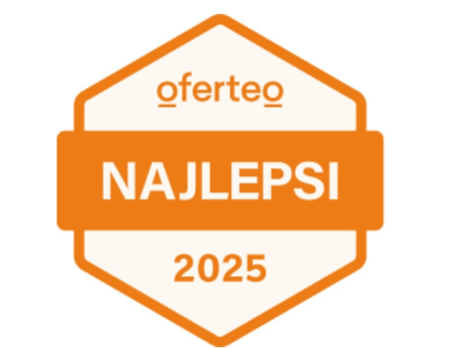 Pomarańczowo-biała odznaka Oferteo 'Najlepsi 2025' na białym tle, wyróżniająca firmy w serwisie.